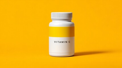 White vitamin C bottle with yellow label on yellow background