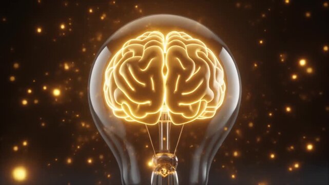 Glowing brain inside light bulb with sparks and bokeh lights symbolizing innovation and creativity