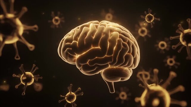 Brain with glowing neural connections surrounded by virus particles in dark background for medical health and science concepts