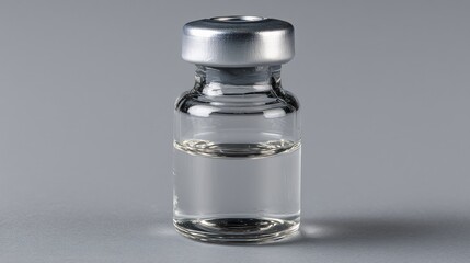 Clear glass vaccine vial with silver cap and liquid medicine on gray background for medical use