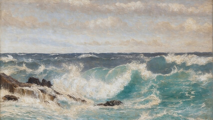 An abstract oil painting of stormy ocean waves crashing on a rocky coastline.