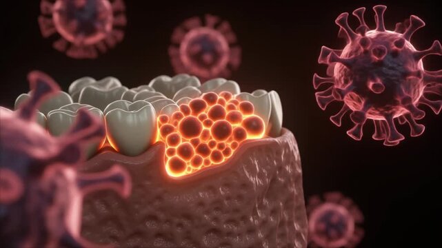 3 D animation of teeth and gums with glowing bacteria and viruses 3D animation