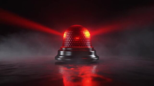 Emergency vehicle warning light flashing bright yellow on dark background with smoke and reflection emergency light