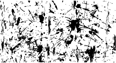 Obraz premium Abstract black ink paint splatter texture vector illustration. Grunge distressed background with random drops and splashes, isolated on transparent background.