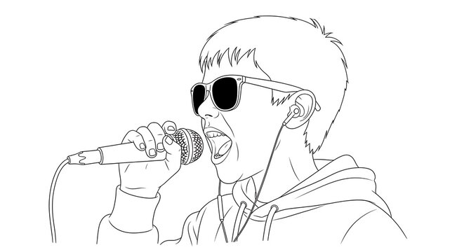 Line drawing of a person with sunglasses and headphones singing into a microphone