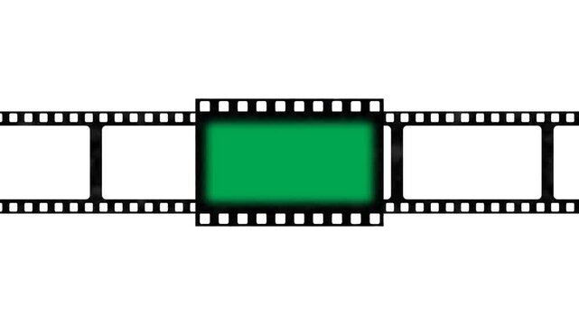 Film strip seamless loop animation moving horizontally from left to right with green screen placeholder old frame at center on white background. 4K animated film frame overlays for video editing.