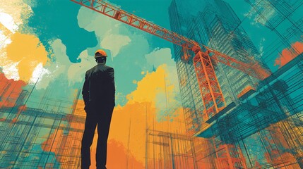 Construction worker observing crane lifting materials on building site