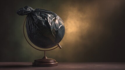 Plastic pollution wrapped globe, plastic waste, environmental disaster, earth suffocation