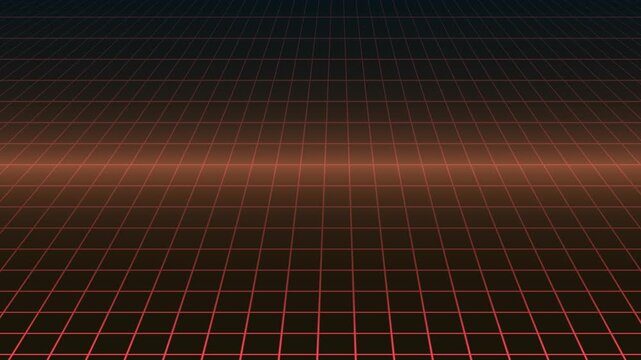 Retro Futuristic Grid Landscape with Orange Horizon and Dark Sky.