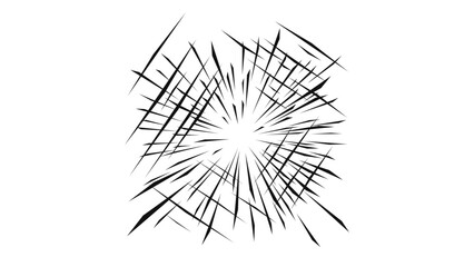 Abstract radial explosion with sharp black lines on white background. Dynamic motion effect in minimalist monochrome style inspired by comic speed lines.