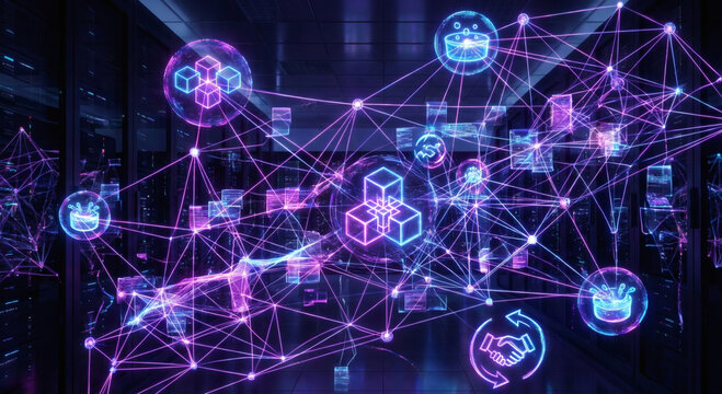 Abstract neon blockchain network concept, glowing interconnected data nodes with smart contract and security icons in a server room