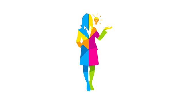 Woman in colorful split personality illustration.