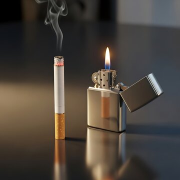 Cigarette and lit silver lighter closeup.