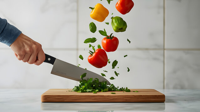 Fresh vegetables flying over a cutting board with a chef's knife