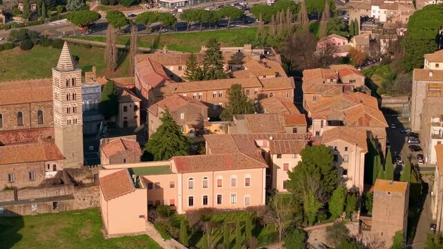 Viterbo Papal Palace and San Lorenzo Cathedral Aerial View. Lazio Italy Medieval Architecture. Palazzo dei Papi Cinematic Drone Flight 4K 10-bit