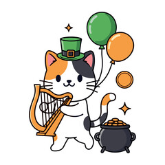 Cute Kawaii Calico Cat Leprechaun Playing Harp with Pot of Gold and Balloons for St. Patrick's Day