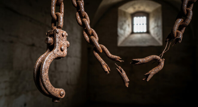 Rusty Shackles Breaking Free From Prison Cell Window