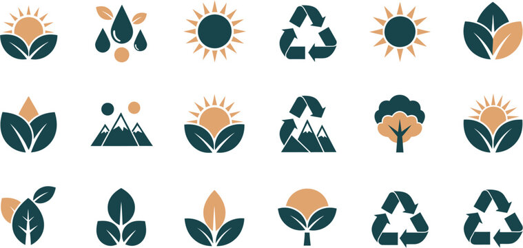 Set of Eco-friendly and Nature-themed icons featuring leaves, sun, mountains, water drops, trees, and recycling symbols for environmental awareness and sustainability
