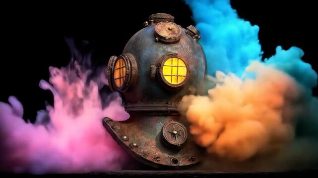 A rusty diving helmet amidst vibrant clouds of color. The image is on a dark background