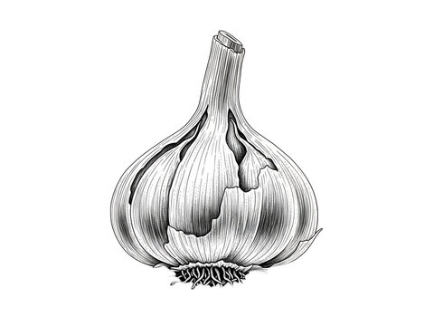 A black and white drawing of a garlic isolated on transparent background
