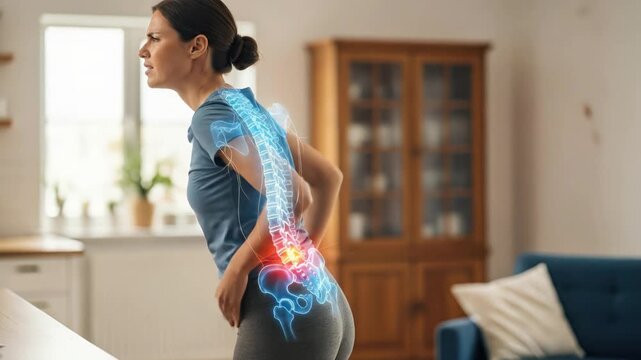 Woman with Lumbar Spine Pain, Sciatica, Backache, Vertebrae Overlay, Medical Concept