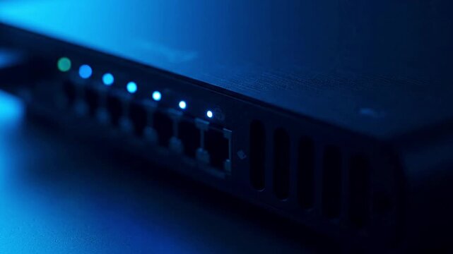 Front Panel Close‑Up of a Network Switch and Router Highlighting Ports and Illuminated Lights in a Dark Technological Setting