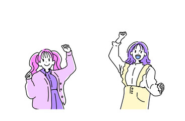 ガッツポーズをして喜ぶ若い女性二人組のイラスト　応援と成功　手書きベクター素材