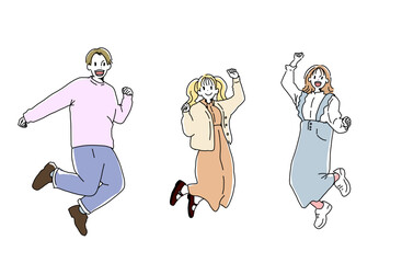 笑顔でジャンプする大学生男女のイラスト　若者と青春　手書きベクター素材