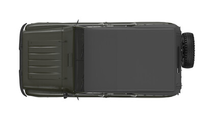 Top view of a rugged, dark green off-road vehicle with a spare tire mounted on the back © changnam37