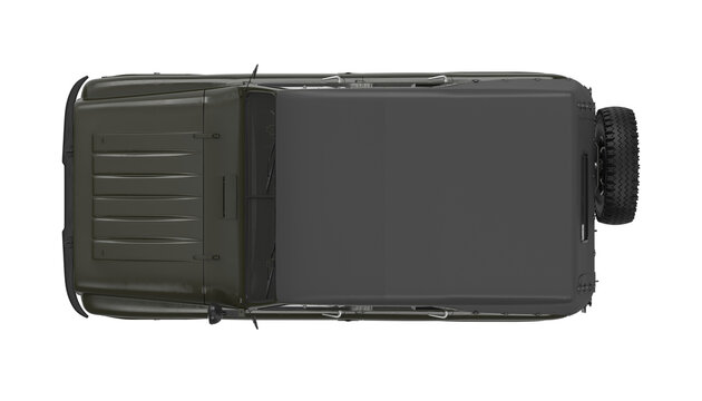 Top view of a rugged, dark green off-road vehicle with a spare tire mounted on the back