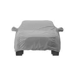 Gray car covered with a protective fabric, isolated on a white background
