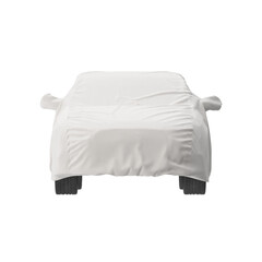 White car covered with a protective fabric sheet, isolated on white background