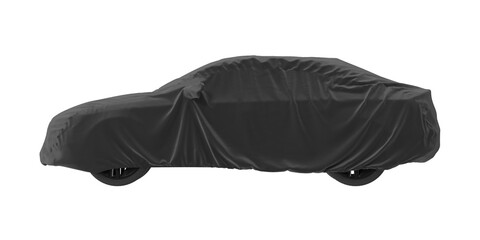 Black car covered with a protective tarp, isolated on a white background
