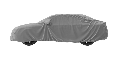 Gray car covered with a protective fabric against weather and dust elements