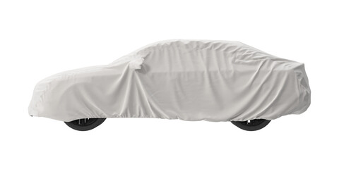 A car covered with a white protective fabric sheet, isolated on a white background