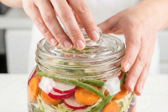 Hands closing a glass jar of colorful vegetables for the process of lacto-fermentation.