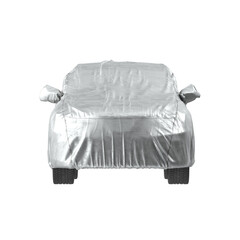 Silver car cover protecting vehicle from elements on a white background