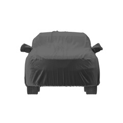 Dark gray car cover protecting vehicle from elements on a white background
