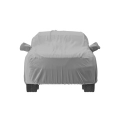 Gray car covered with a protective fabric sheet, front view, isolated on white background