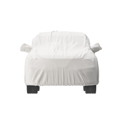 White car covered with a protective cloth, front view, isolated on white background