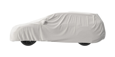 A car covered with a white protective fabric on a white background