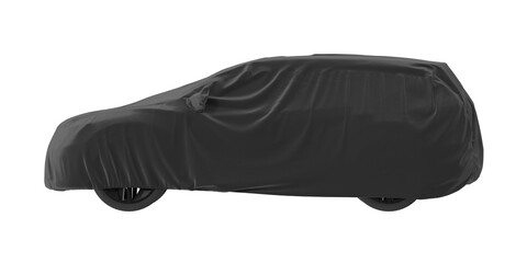 Black car covered with a protective fabric, isolated on a white background