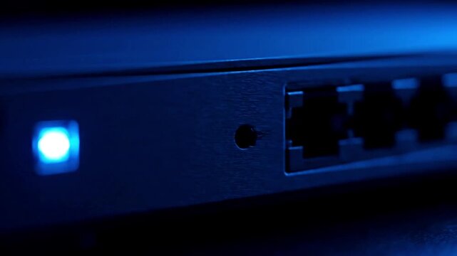 Close-up view of a network switch front panel with blue glow, indicator light, reset hole and eight Ethernet ports in a dark environment
