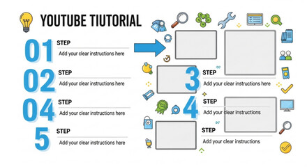 Youtube tutorial template with numbered steps and icons on white background for instructional video creation