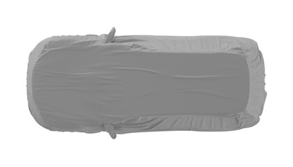 Overhead view of a car covered with a gray fabric dust cover on a white background