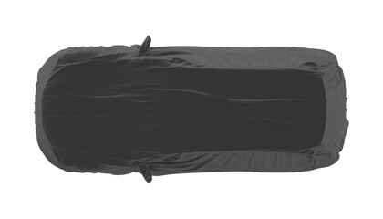 Overhead view of a dark car covered with a protective fabric cover on a white background