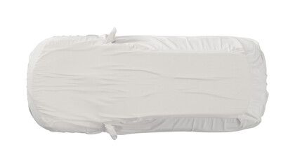 Overhead view of a white car covered with a protective sheet on a white background