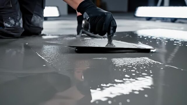 Leveling Concrete Flooring: A skilled construction worker expertly smooths wet concrete, showcasing a meticulous technique for achieving a flawless and durable surface.