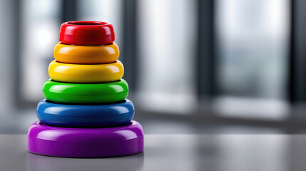 Fototapeta premium Colorful stacking rings arranged on a table in a bright room