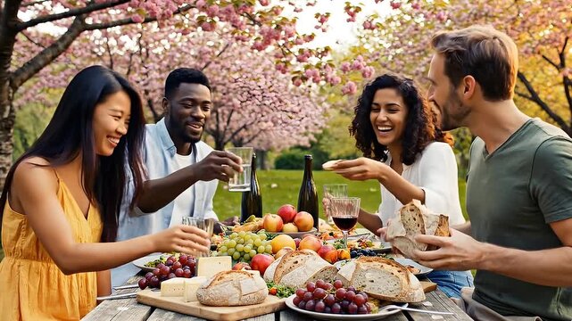 Diverse group of friends enjoying spring picnic with food and wine under blooming cherry blossom trees
